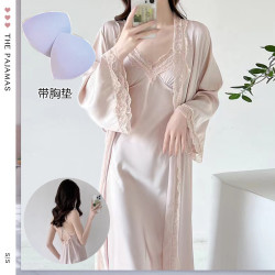 夏季新款性感長款吊帶裙睡袍兩件套 冰絲家居服女士V字領睡衣套裝