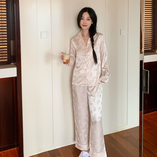 25新款福蝶睡衣蝴蝶提花絲光緞長袖長褲女士家居服兩件套