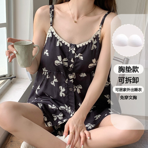 帶胸墊睡衣女夏季少女純欲吊帶短褲家居服美背水墨畫兩件套裝