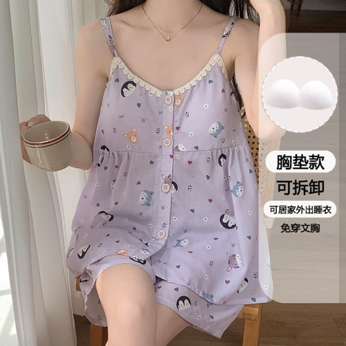 帶胸墊睡衣女夏季少女純欲吊帶短褲家居服美背水墨畫兩件套裝