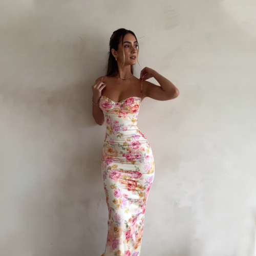 度假吊帶裙法式花朵印花性感顯胸連衣裙歐美氣質時尚長裙Dress女