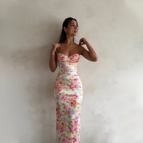 度假吊帶裙法式花朵印花性感顯胸連衣裙歐美氣質時尚長裙Dress女