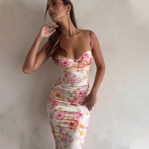度假吊帶裙法式花朵印花性感顯胸連衣裙歐美氣質時尚長裙Dress女