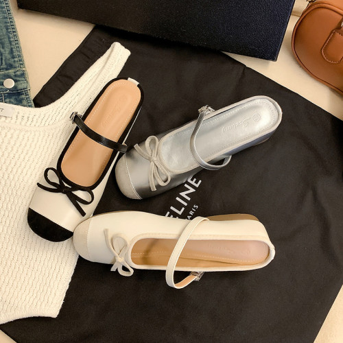 5CM內增高半拖鞋女夏外穿厚底蝴蝶結銀色包頭涼拖女半托
