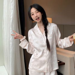 2024新款蝴蝶提花絲光緞福蝶睡衣女士長袖長褲家居服兩件套裝春秋
