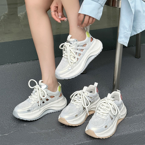 真皮鏤空老爹鞋女2025夏季新款百搭網面透氣厚底休閒運動爆款涼鞋