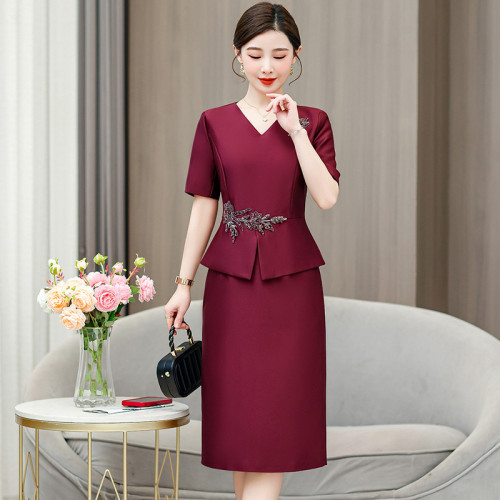 喜婆婆婚宴裝紅色禮服裙2024夏季新款媽媽裝時尚優雅修身連衣裙