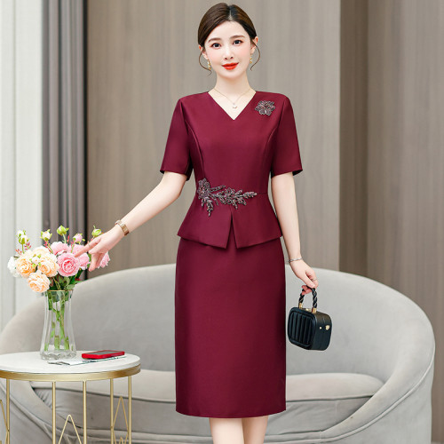 喜婆婆婚宴裝紅色禮服裙2024夏季新款媽媽裝時尚優雅修身連衣裙