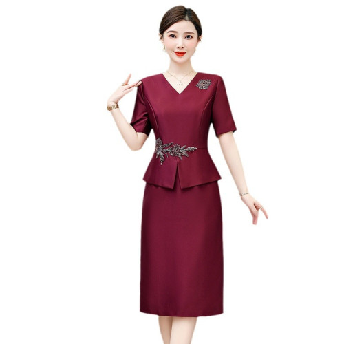 喜婆婆婚宴裝紅色禮服裙2024夏季新款媽媽裝時尚優雅修身連衣裙