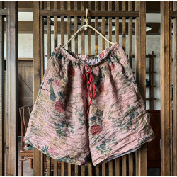 235原創女裝雙層苧麻休閒寬松短褲文藝復古百搭印花濶腿褲