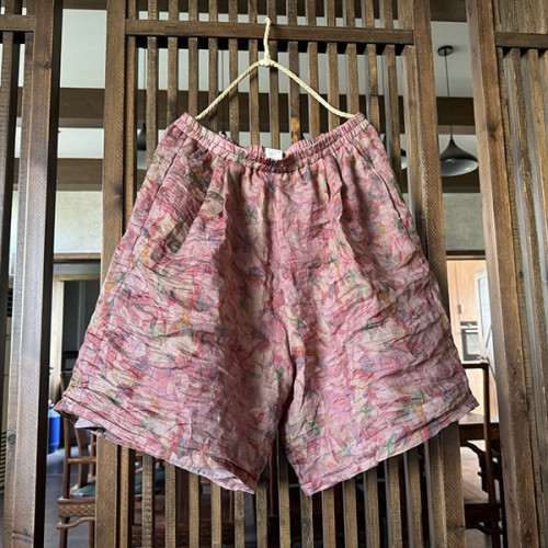235原創女裝雙層苧麻休閒寬松短褲文藝復古百搭印花濶腿褲
