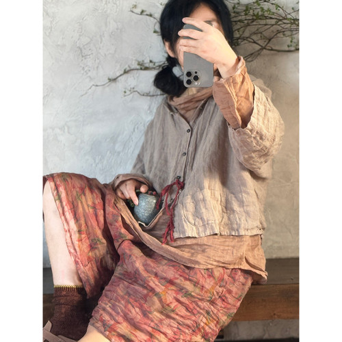 235原創女裝雙層苧麻休閒寬松短褲文藝復古百搭印花濶腿褲