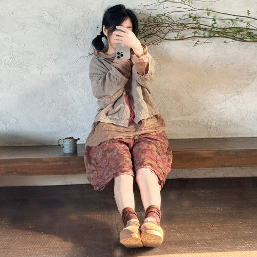 235原創女裝雙層苧麻休閒寬松短褲文藝復古百搭印花濶腿褲