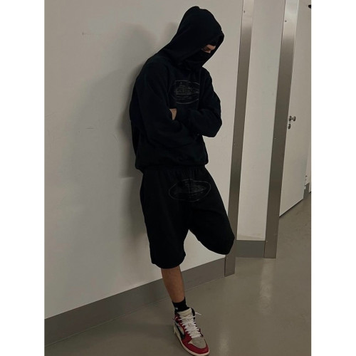 高質量美式街頭嘻哈印花針織短褲男潮牌夏季寬松高街五分中衛褲
