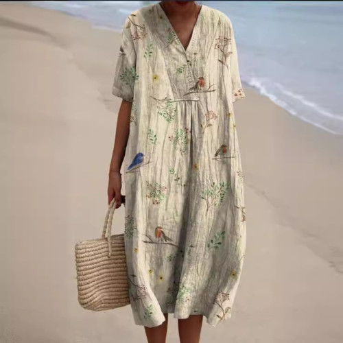 2024新品歐美服裝女裝爆品舒適寬松印花長款連衣裙