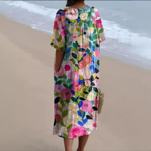 2024新品歐美服裝女裝爆品舒適寬松印花長款連衣裙