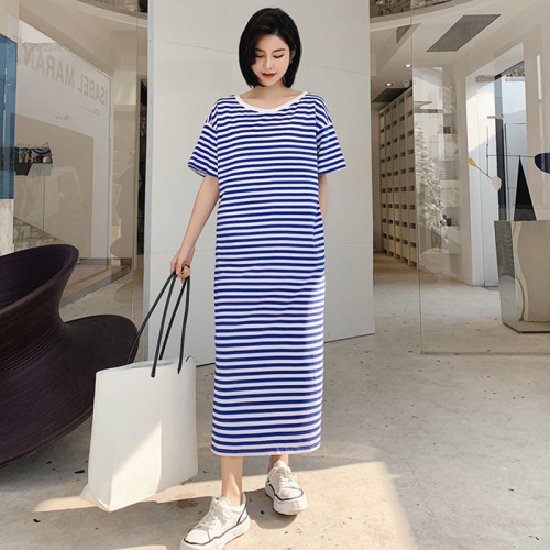 超長款慵懶風t恤裙女大碼夏裝新款寬松胖mm休閒過膝條紋連衣裙子