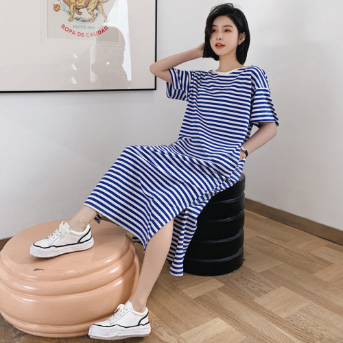 超長款慵懶風t恤裙女大碼夏裝新款寬松胖mm休閒過膝條紋連衣裙子