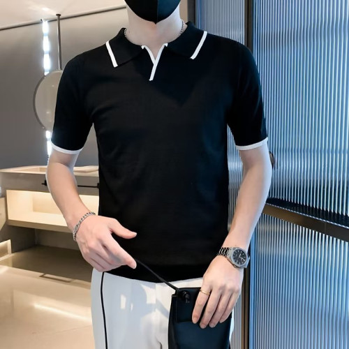 輕奢翻領polo衫男商務百搭修身微彈體恤夏季透氣時尚針織短袖T恤