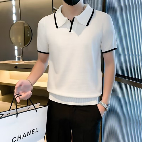 輕奢翻領polo衫男商務百搭修身微彈體恤夏季透氣時尚針織短袖T恤