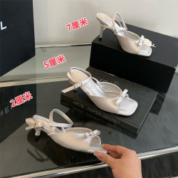 法式淑女細跟一字帶涼拖鞋2025夏季蝴蝶結腳腕釦絆帶露趾高跟鞋