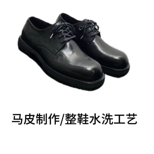 新款水洗馬皮黑色商務休閒皮鞋男士真皮復古大頭厚底德比鞋