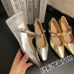 法式小衆小個子增高5cm時尚百搭一字帶軟皮瑪麗珍淺口單鞋女春夏