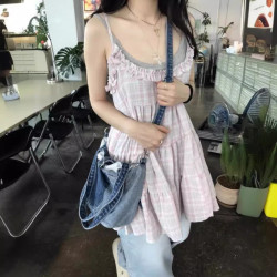 韓版復古甜美少女可愛蓬蓬格紋花邊吊帶蛋糕連衣裙