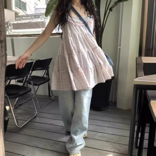 韓版復古甜美少女可愛蓬蓬格紋花邊吊帶蛋糕連衣裙