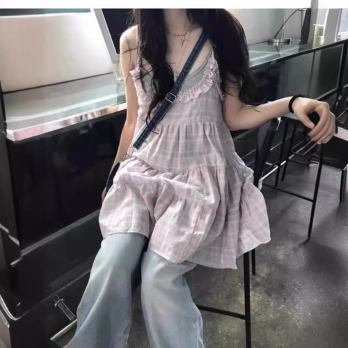 韓版復古甜美少女可愛蓬蓬格紋花邊吊帶蛋糕連衣裙