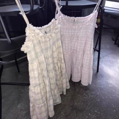 韓版復古甜美少女可愛蓬蓬格紋花邊吊帶蛋糕連衣裙