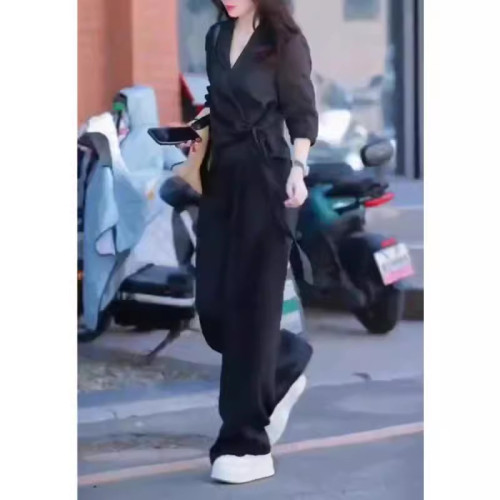 24165大愛美依緣2025夏季新款高級感V領系帶上衣高腰濶腿褲顯瘦女