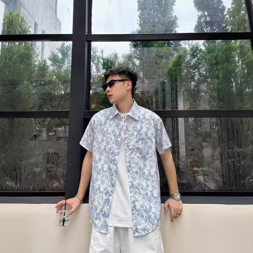 海邊度假親子裝母子青花瓷襯衫夏季一家三口母女蝴蝶結碎花連衣裙