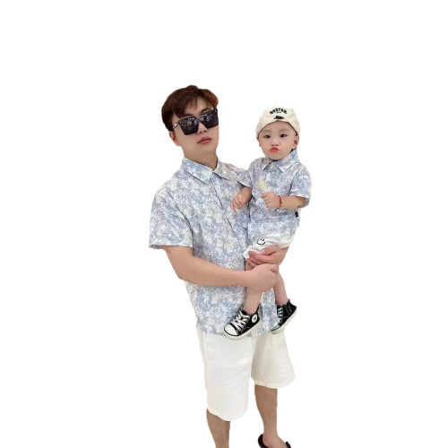 海邊度假親子裝母子青花瓷襯衫夏季一家三口母女蝴蝶結碎花連衣裙