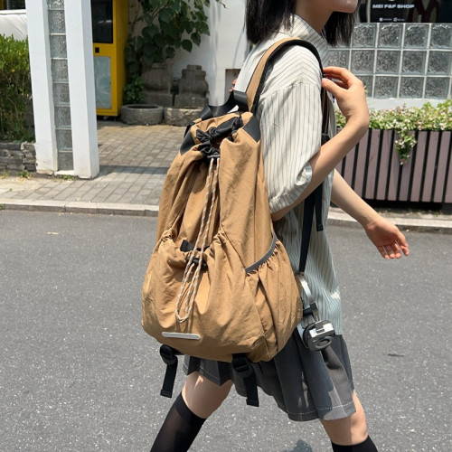 2024新款束口抽繩雙肩包男士尼龍包大學生戶外運動旅行後背包書包女