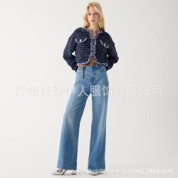 歐美濶腿牛仔褲女2024新款時尚彈力寬松長褲牛仔褲女