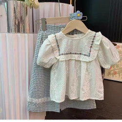77303 女童時尚套裝2024夏季新款兒童森系娃娃衫濶腿褲女寶兩件套