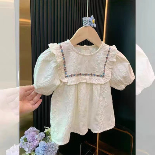 77303 女童時尚套裝2024夏季新款兒童森系娃娃衫濶腿褲女寶兩件套