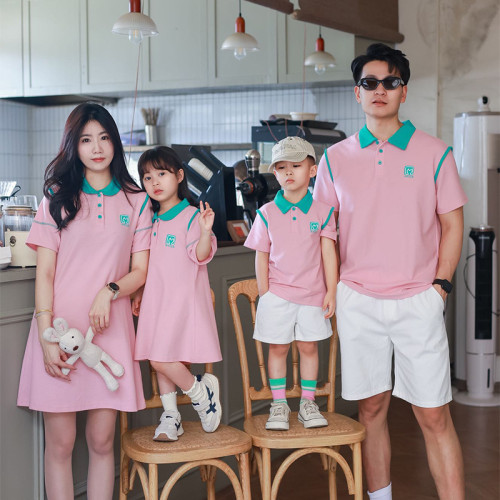2024夏季新款童裝親子裝T恤母女polo領連衣裙全家裝嬰兒爬服