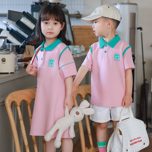 2024夏季新款童裝親子裝T恤母女polo領連衣裙全家裝嬰兒爬服