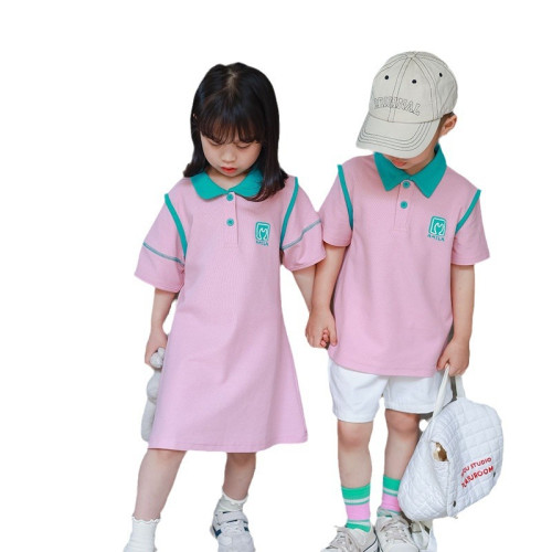 2024夏季新款童裝親子裝T恤母女polo領連衣裙全家裝嬰兒爬服