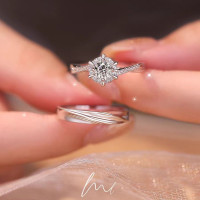 S999純銀六芒星織情侶對戒指活口一對六爪莫桑石定婚求婚生日禮物