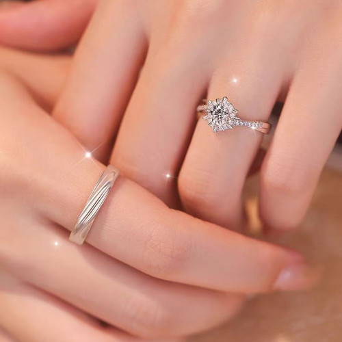 S999純銀六芒星織情侶對戒指活口一對六爪莫桑石定婚求婚生日禮物