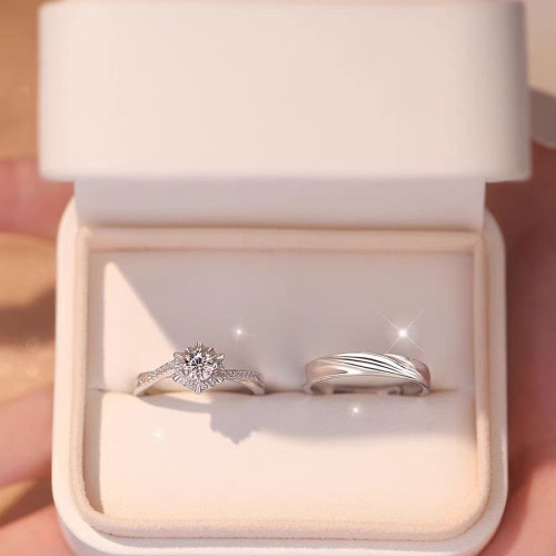 S999純銀六芒星織情侶對戒指活口一對六爪莫桑石定婚求婚生日禮物