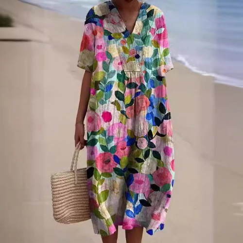 獨立站女裝 五分袖 大V領 印花中長裙