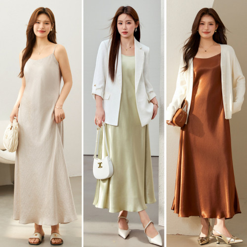 纖莉秀大碼女裝高級感醋酸垂感顯瘦性感吊帶連衣裙胖mm2024夏新款
