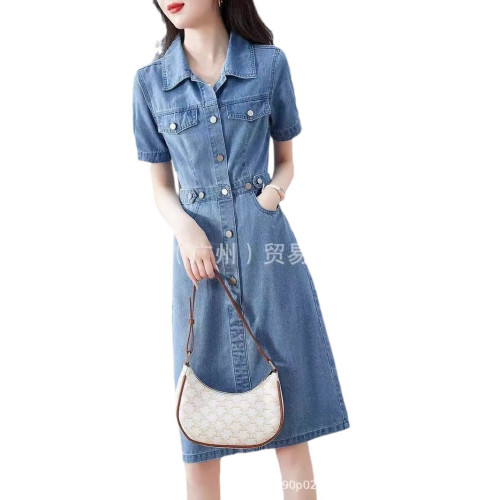 港味牛仔連衣裙女夏季新款韓版高級感遮肚減齡休閒中長款襯衫裙子