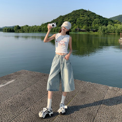 2024淺藍美式高街復古水洗高腰寬松濶腿七分褲潮酷百搭牛仔褲子女