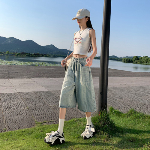 2024淺藍美式高街復古水洗高腰寬松濶腿七分褲潮酷百搭牛仔褲子女
