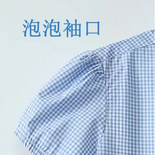 中小學生夏季純棉地中海細格子短袖襯衣男女童薄款學院風休閒襯衫